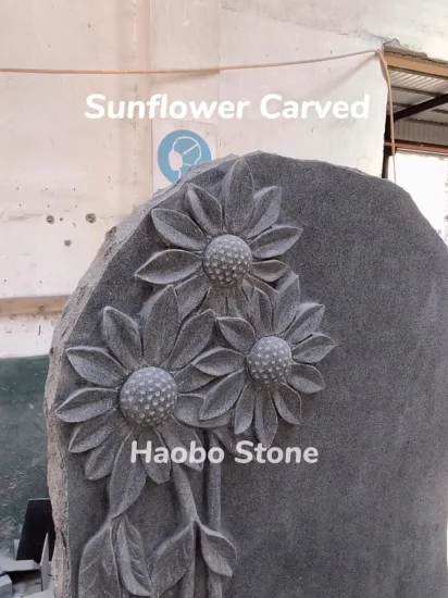 G633 Lapide a forma di foglia di granito con lapide scolpita a fiori